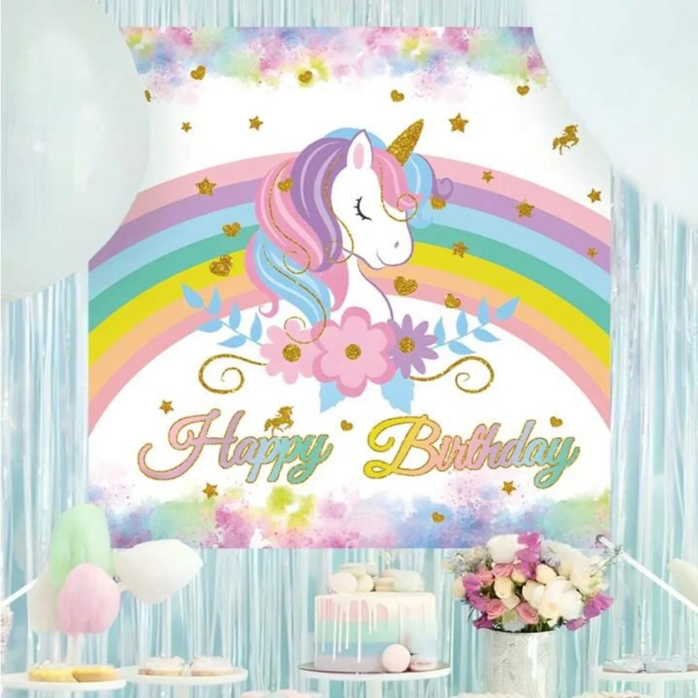 Pastel rainbow Unicorn Happy Birthday #4,  3 x 5, girls Birthday party kit